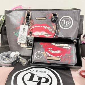 La Philipe Miami Tote Bag Black Lip Rhinestone with Rare wallet dust bags Purse